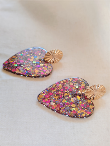 Resin Earrings Iso Sydän Gold-Plated Sun Gray Fuchsia Pink Gold Sequin Mix