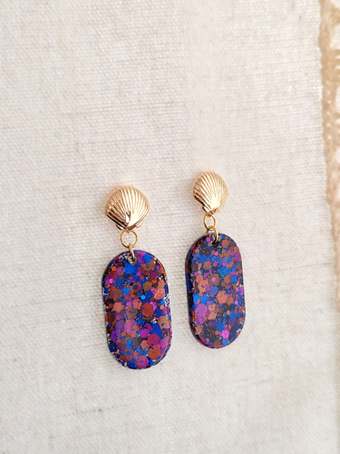 Resin Earrings Viiva Gold Shell Violet Sequin Mix