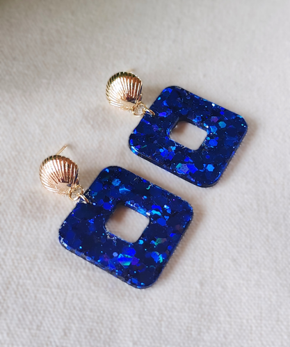 Orecchini in resina Neliö Conchiglia Oro Blu Scuro Paillette Esagonale